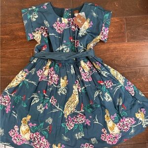 Tea Collection Teal Floral and Wildlife Print Dress with Pink & Yellow Accents